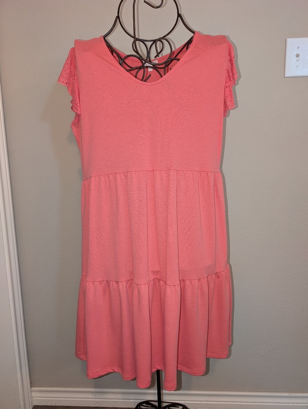 Como Vintage Coral Pink Tiered Ruffle Sleeve Dress
